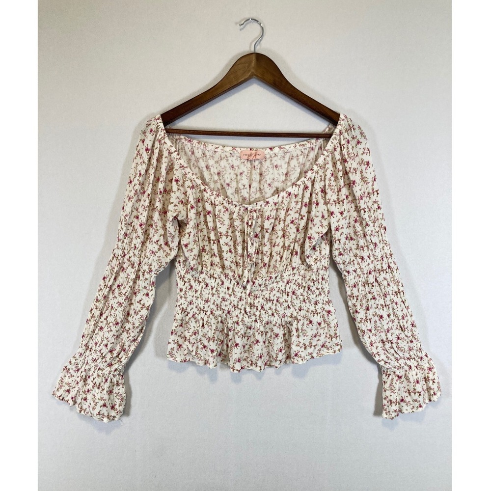 Cottagecore Rose and Grey Womens XL White Pink Floral‎ Smocked Ruffle Blouse